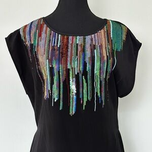 Trina Turk 100% Silk Sequin Neckline Cocktail Dress Black S